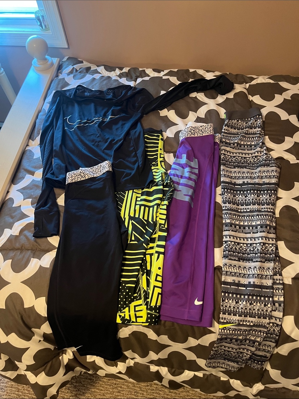 Nike Black, Purple, Neon Yellow & Patterned Active Leggings + Black Top